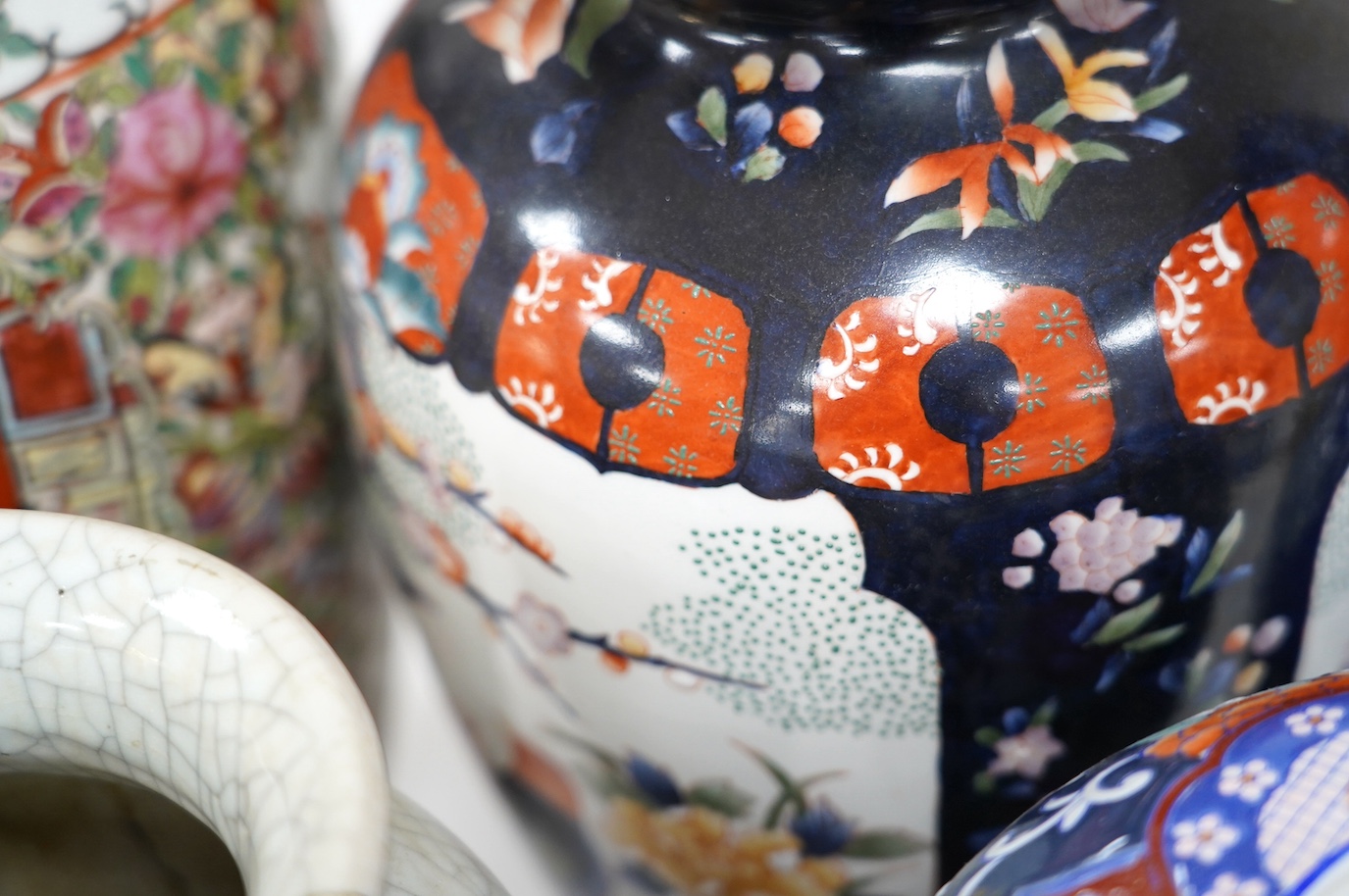 Two Japanese Imari vases and three various Chinese vases, largest 46cm. Condition - poor